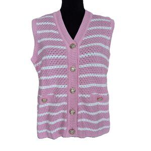 Pink and White Stripe Crochet Knit Sweater Vest by Haven Grace Shop, Size L, NWT